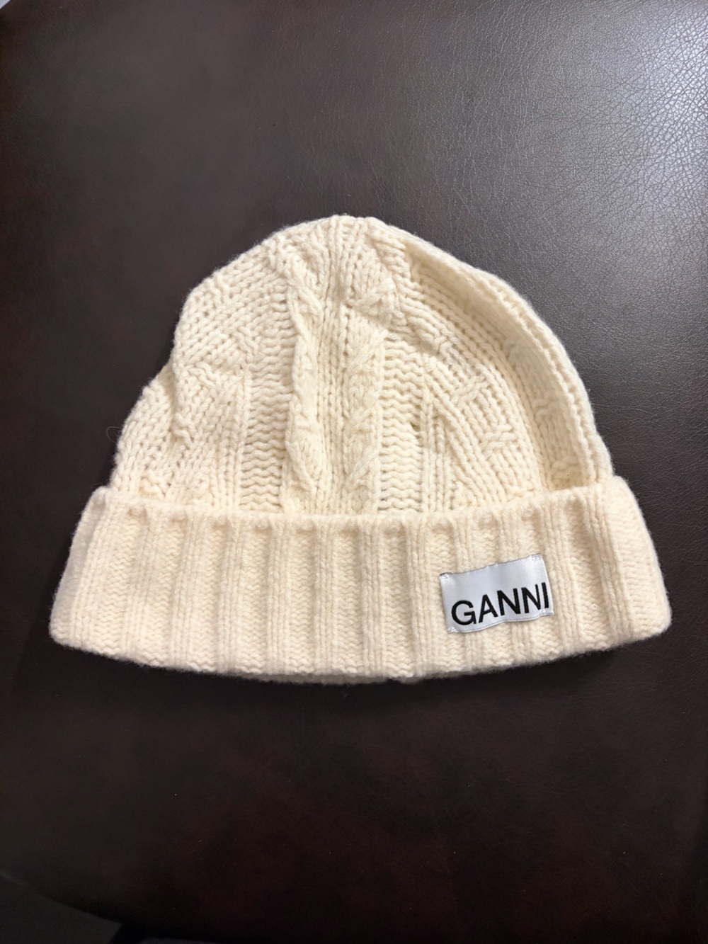 Ganni Cream Cable-Knit Folded Cuff Beanie